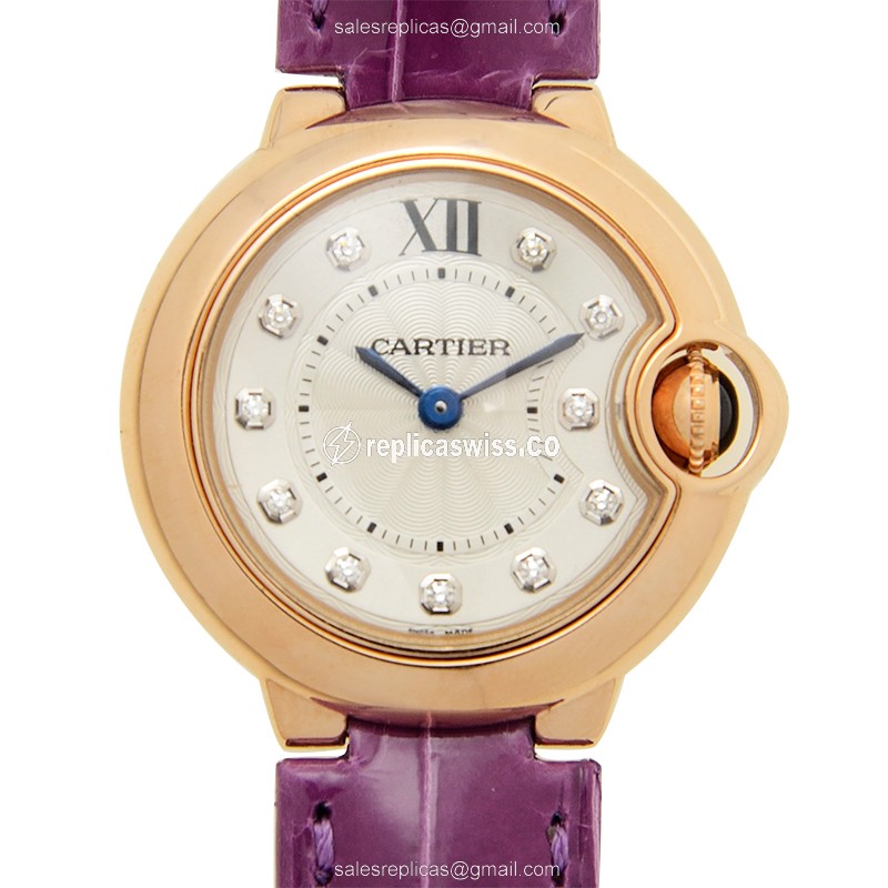 Elegant Cartier Ballon Bleu Quartz Replica in 18kt Rose Gold, Silver Dial & Alligator Purple Strap