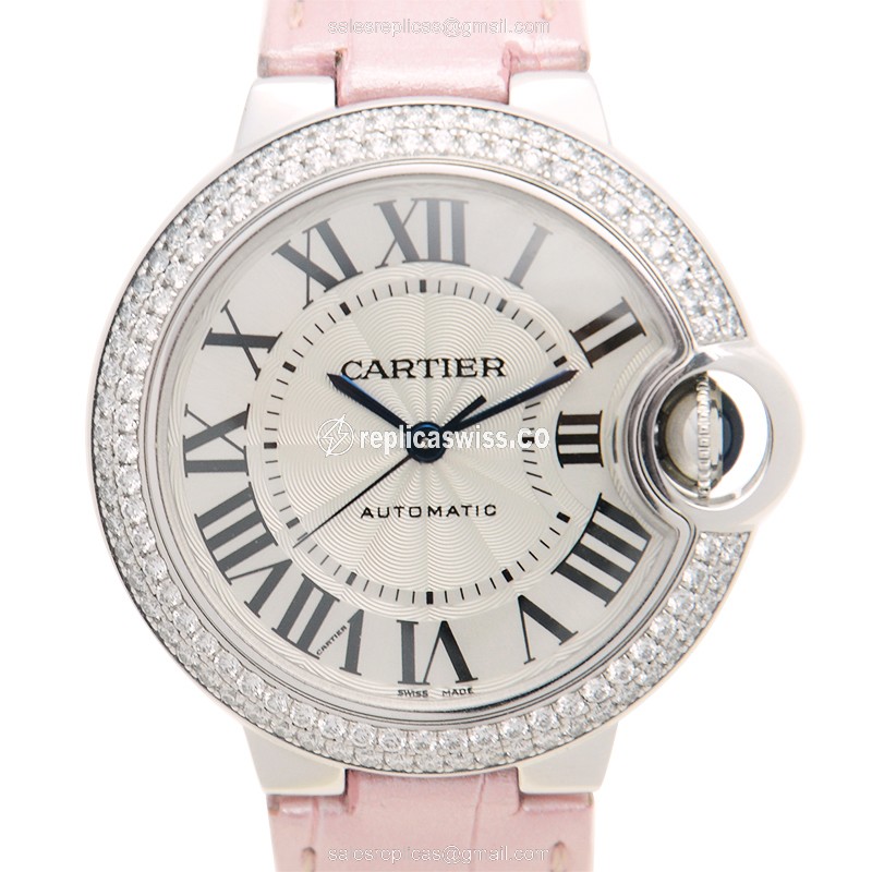 Elegant Cartier Ballon Bleu Replica in 18kt White Gold, Automatic Movement & Pink Alligator Strap