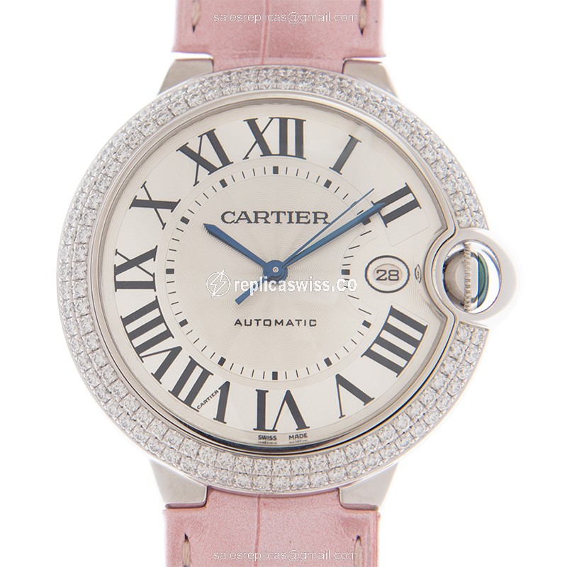 Elegant Cartier Ballon Bleu Replica in 18kt White Gold, Automatic Movement & Pink Alligator Strap