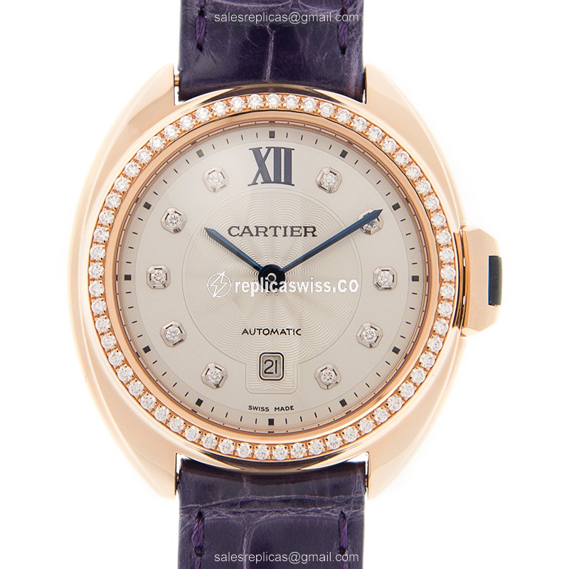 Elegant Cartier Cle De Cartier Replica in 18kt Gold, Automatic Movement, White Dial & Purple