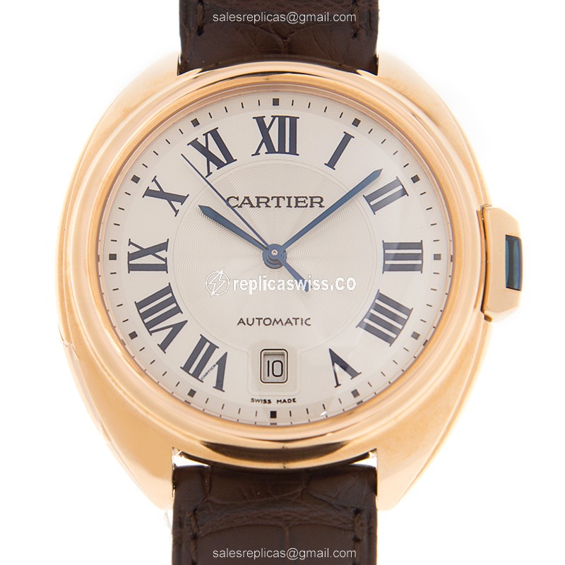Elegant Cartier Cle De Cartier Replica in 18kt Rose Gold, Automatic Movement, White Dial & Red