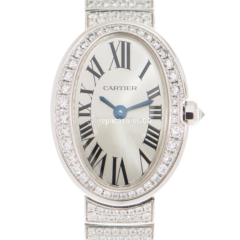 Elegant Cartier HPI00327 Baignoire Replica in 18kt White Gold, Silver Dial & Diamond Clasp Watch