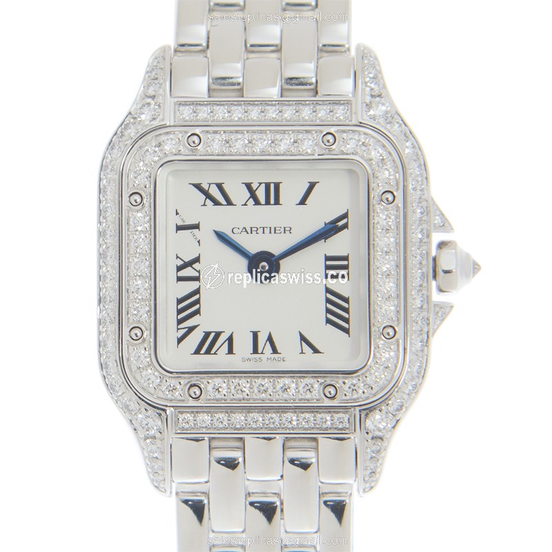 Elegant Cartier PANTHeRE DE CARTIER Quartz Replica in 18kt White Gold & Silver Dial, Gold Strap