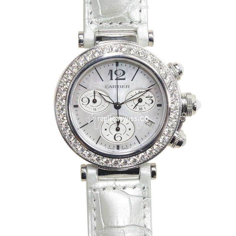 Elegant Cartier Pasha De Cartier Quartz Replica, 18kt White Gold Bezel, White Dial & Alligator