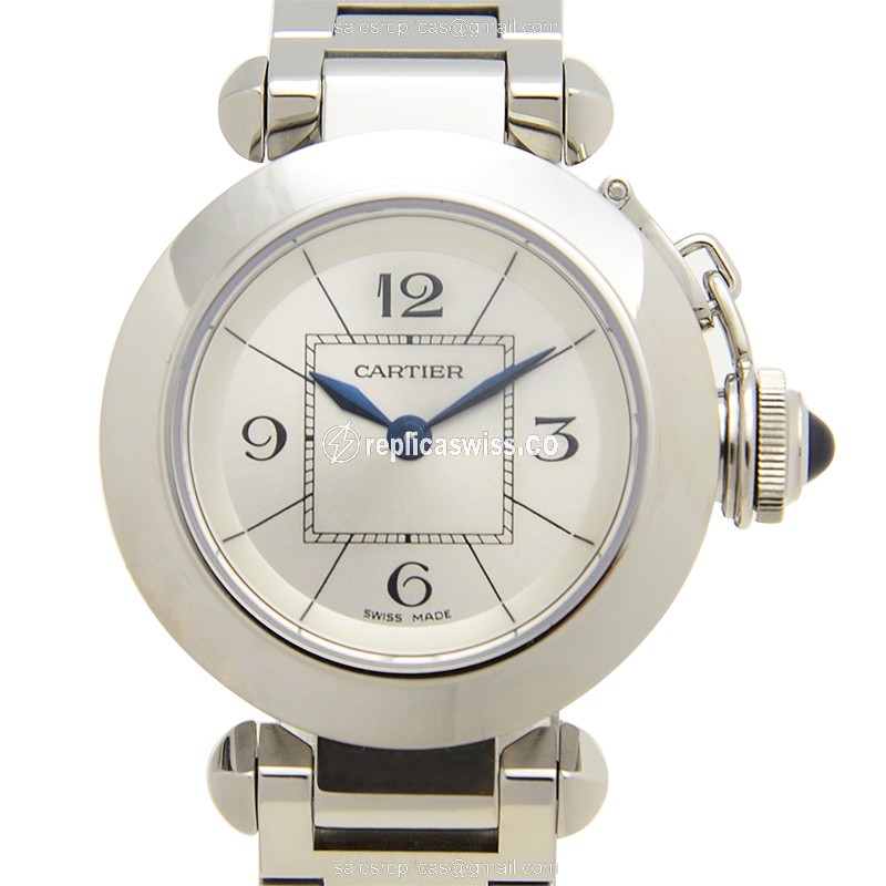 Elegant Cartier Pasha De Cartier Quartz Replica in Stainless Steel with White Dial Silver Strap