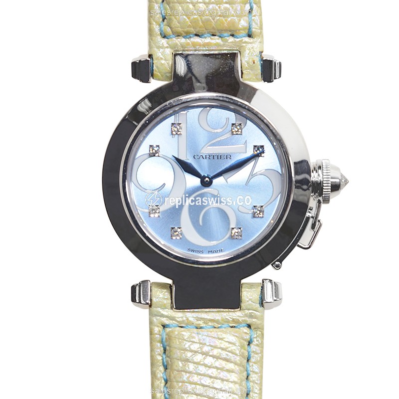 Elegant Cartier Pasha De Cartier Replica Watch | Blue Dial, 18kt Gold Case & Leather Strap