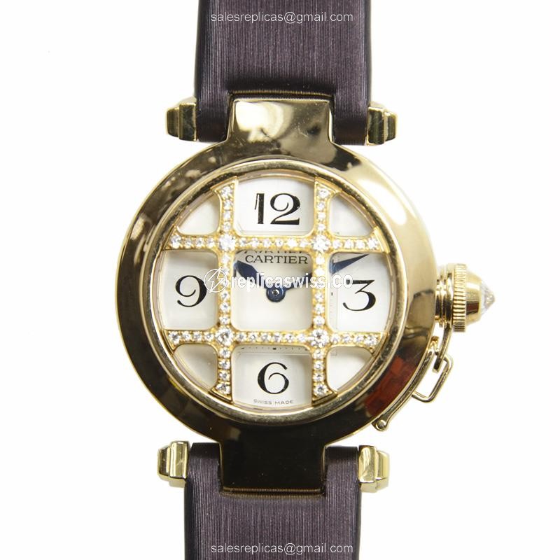 Elegant Cartier Pasha De Cartier Replica, White Dial, 18kt Gold Case, Black Satin Strap Watch