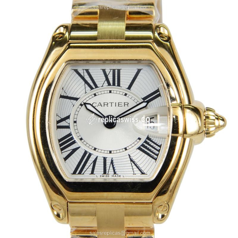 Elegant Cartier Roadster Automatic Replica in Silver Dial & Steel Case, Gold Clasp & Strap Watch
