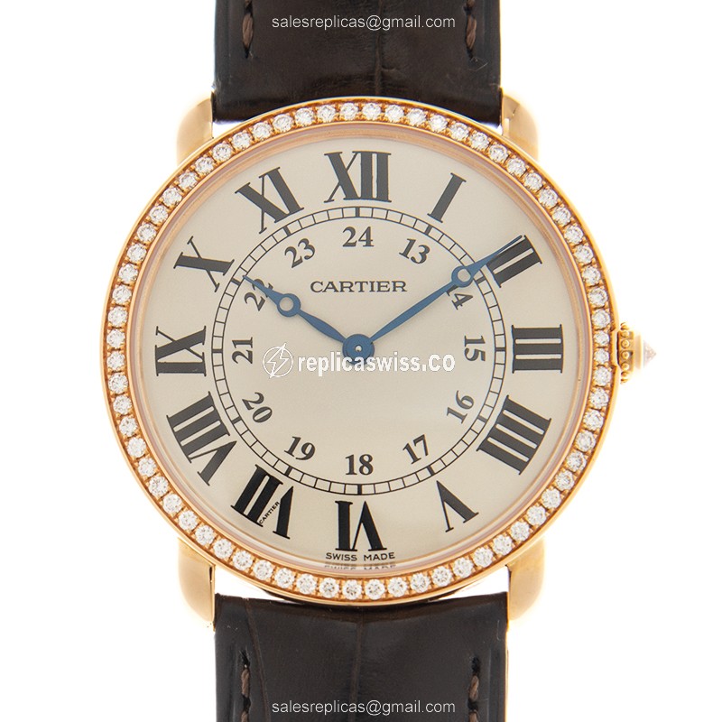 Elegant Cartier RONDE LOUIS CARTIER Manual Wind Replica in 18kt Rose Gold, White Dial, Alligator