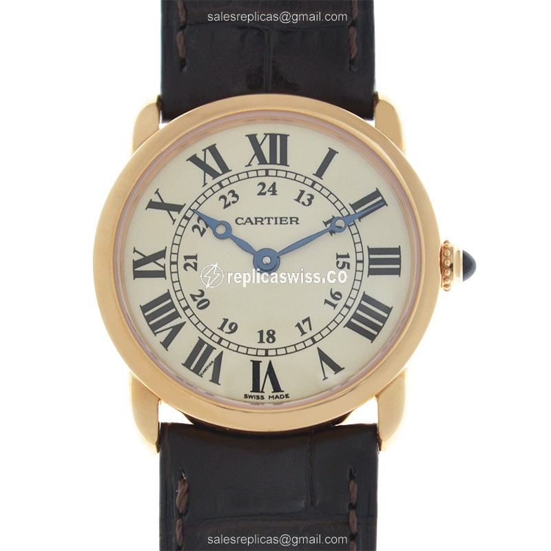 Elegant Cartier RONDE LOUIS CARTIER Replica in 18kt Rose Gold, White Dial & Alligator Strap Watch