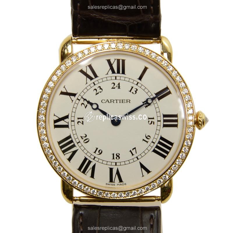 Elegant Cartier RONDE LOUIS CARTIER Replica in 18kt Rose Gold with White Dial & Brown Alligator