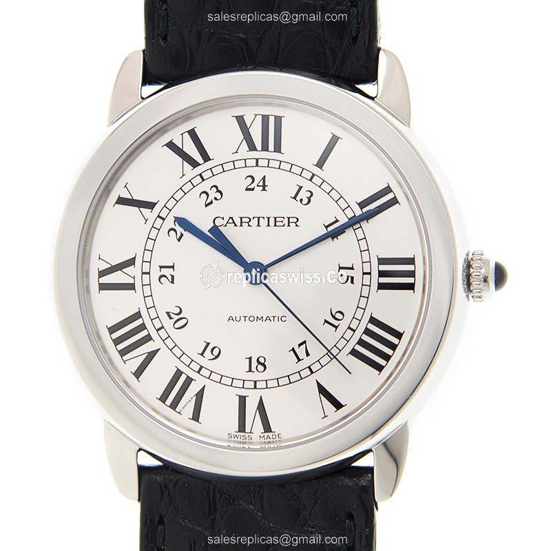 Elegant Cartier RONDE SOLO DE CARTIER Replica, Automatic Movement, Silver Dial & Alligator Strap