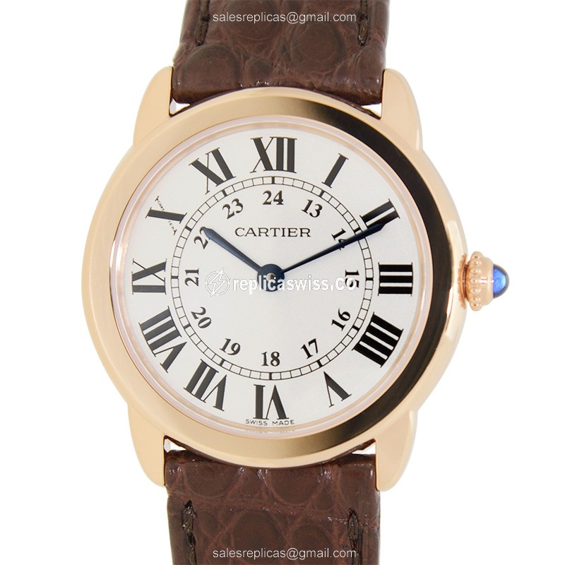 Elegant Cartier RONDE SOLO DE CARTIER Replica in 18kt Rose Gold, White Dial, Alligator Brown Strap