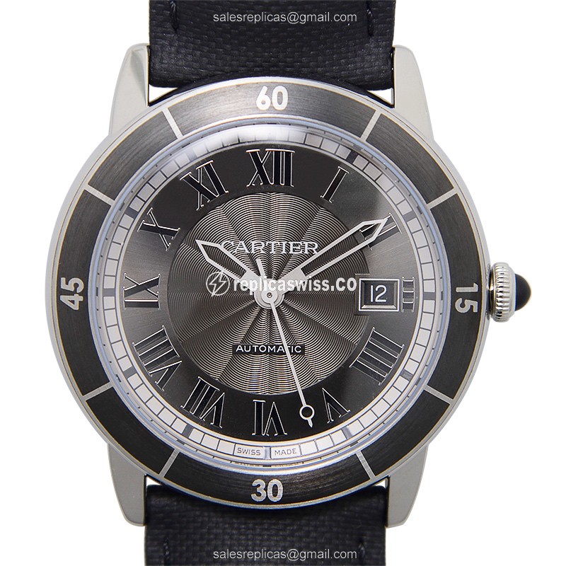 Elegant Cartier ROTONDE DE CARTIER Automatic Steel Watch with Black Dial Leather Strap