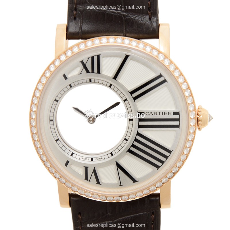 Elegant Cartier Rotonde De Cartier Manual Wind Replica, 18kt Rose Gold Case, Silver Dial &