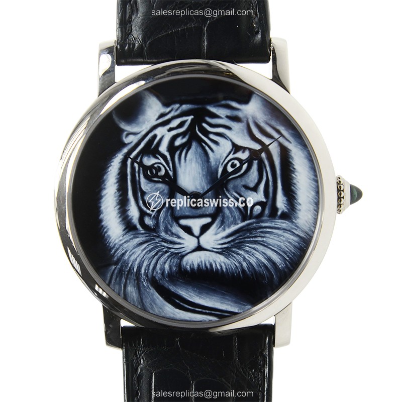 Elegant Cartier Rotonde De Cartier Manual Wind Replica in 18kt Gold with Black Dial Alligator