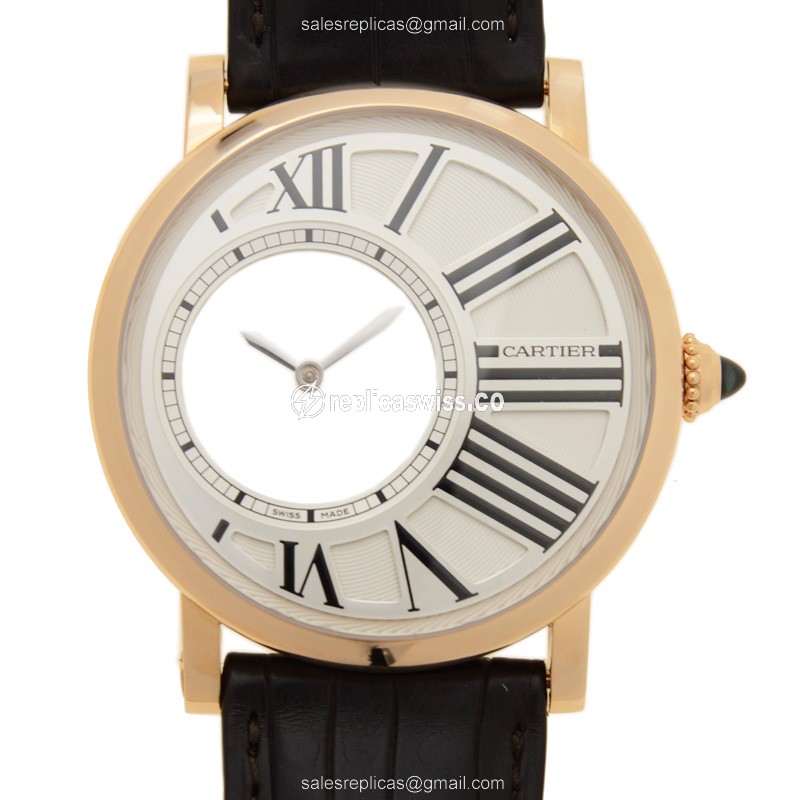 Elegant Cartier Rotonde De Cartier Manual Wind Replica in 18kt Rose Gold, Silver Dial, Black