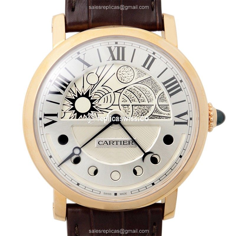 Elegant Cartier Rotonde De Cartier Replica in 18kt Gold, Automatic Movement & Silver Dial Watch
