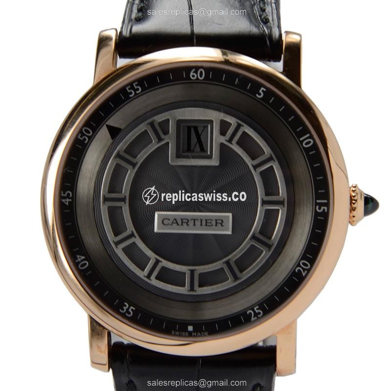 Elegant Cartier Rotonde De Cartier Replica in 18kt Gold with Manual Wind Movement Dark Grey