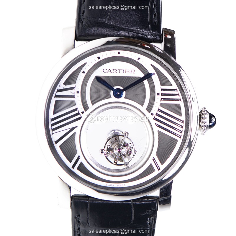 Elegant Cartier Rotonde De Cartier Replica, Manual Wind, 18kt Gold Case, Gray Dial, Black Alligator