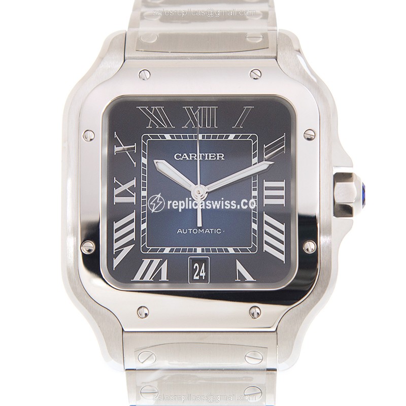 Elegant Cartier Santos De Cartier Replica in Stainless Steel & Blue Dial, Automatic Movement Watch