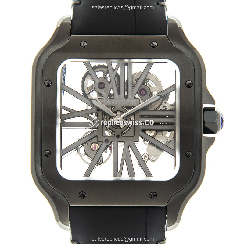 Elegant Cartier Santos Manual Wind Replica in Stainless Steel & Crystal Dial, Genuine Leather Strap