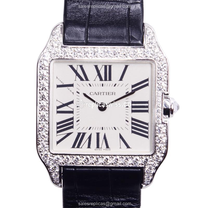 Elegant Cartier Santos Quartz Replica in 18kt White Gold, White Dial & Alligator Strap Watch