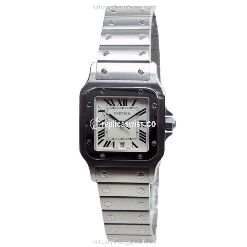 Elegant Cartier Santos Quartz Replica in White Dial & Stainless Steel Case Watch