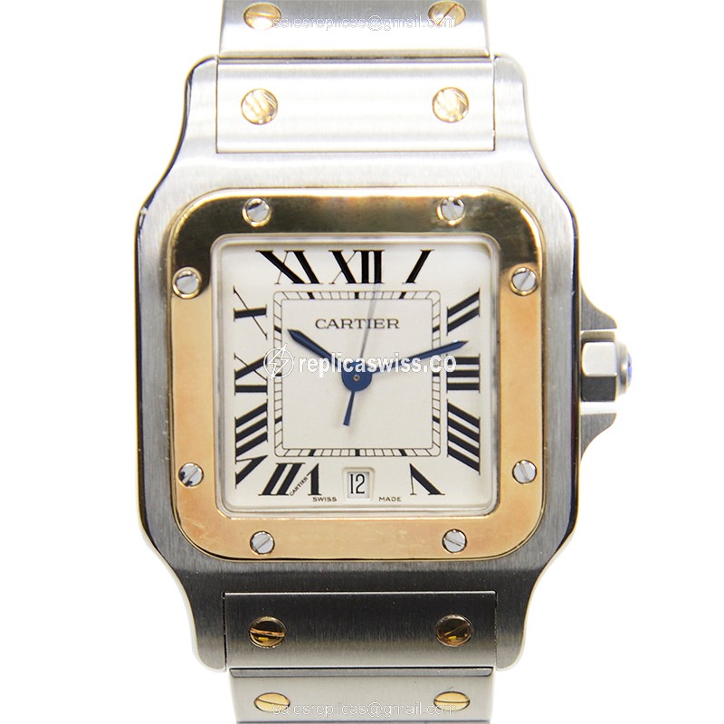 Elegant Cartier Santos W20011C4 Replica in 18kt Gold & Steel Case, White Dial & Silver Strap Watch
