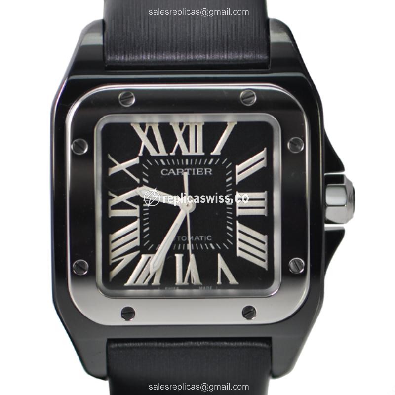 Elegant Cartier Santos W2020008 Replica, Automatic Movement, Black Dial & Silk Strap Watch