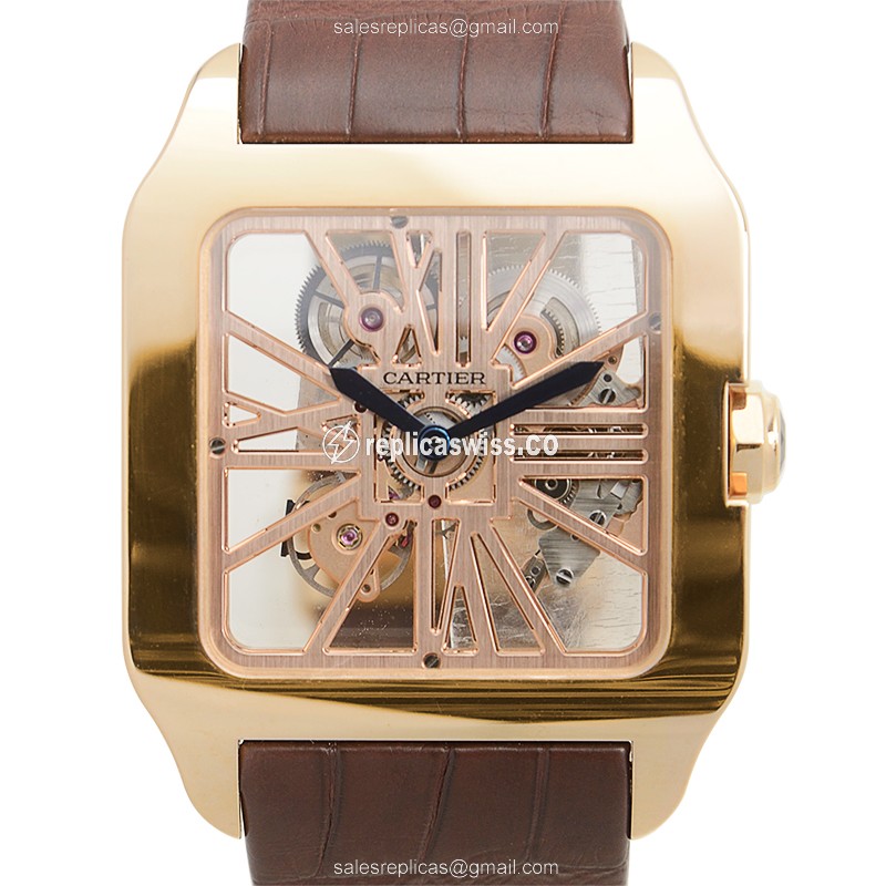 Elegant Cartier Santos W2020057 Replica with 18kt Gold Case Skull Dial, Manual Wind Movement