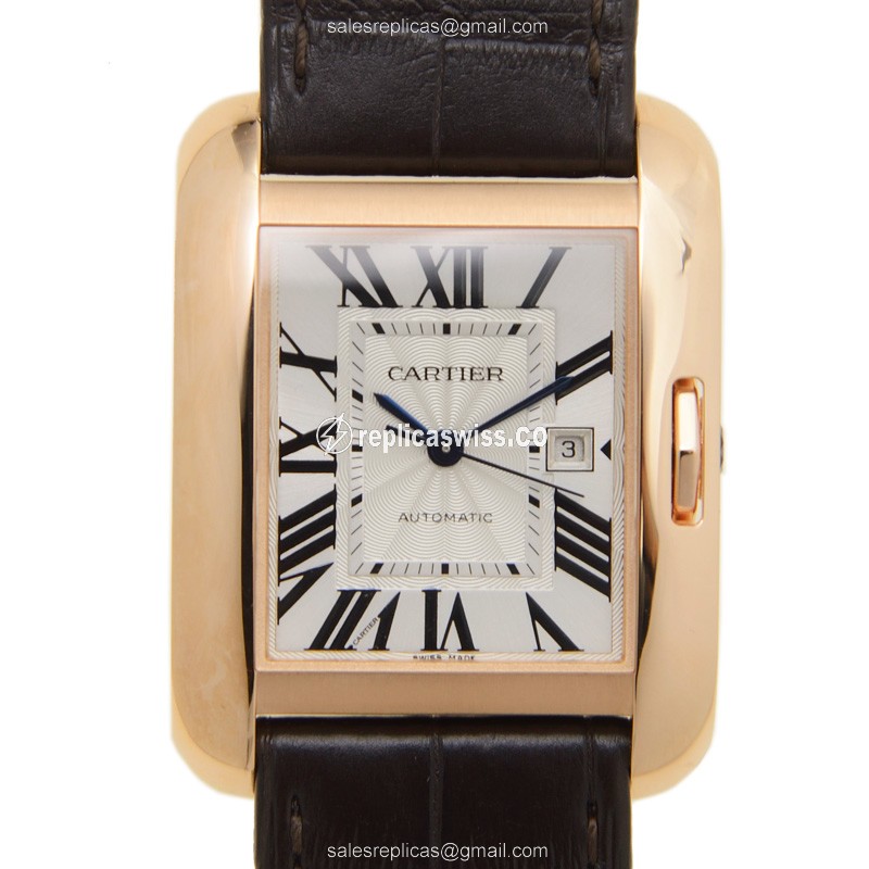 Elegant Cartier Tank Automatic Replica in 18kt Rose Gold with White Dial Brown Alligator Strap