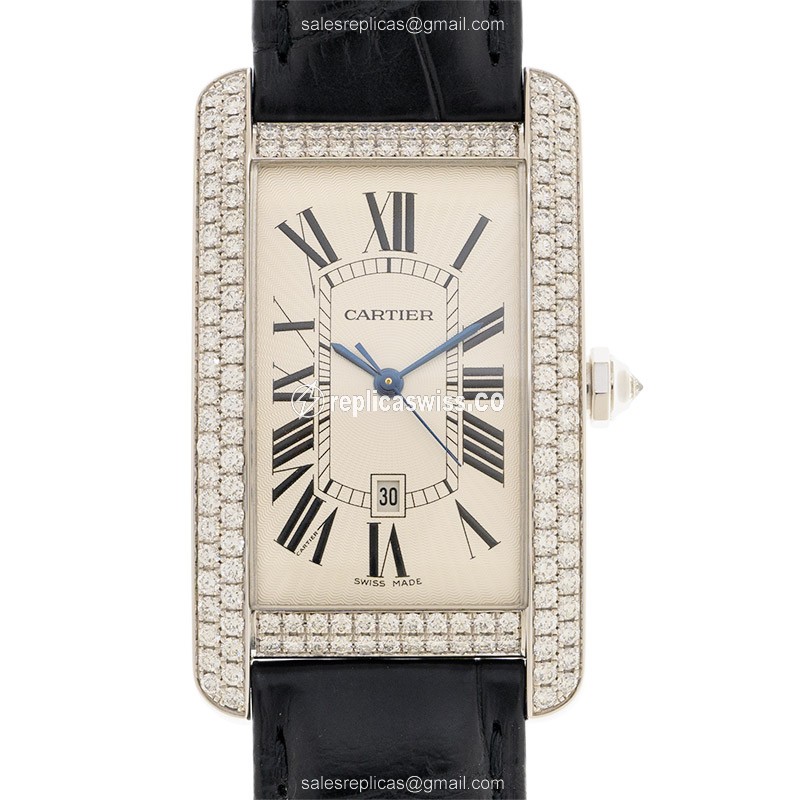 Elegant Cartier Tank Automatic Replica in 18kt White Gold, Beige Dial & Diamond Bezels Watch
