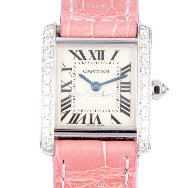 Elegant Cartier TANK Quartz Replica in 18kt White Gold & Pink Alligator Strap, White Dial & Diamond