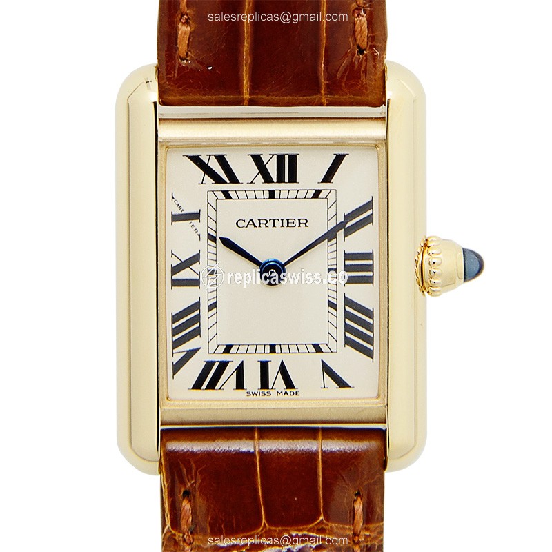 Elegant Cartier TANK Quartz Replica in 18kt Yellow Gold with Silver Dial Brown Alligator Strap