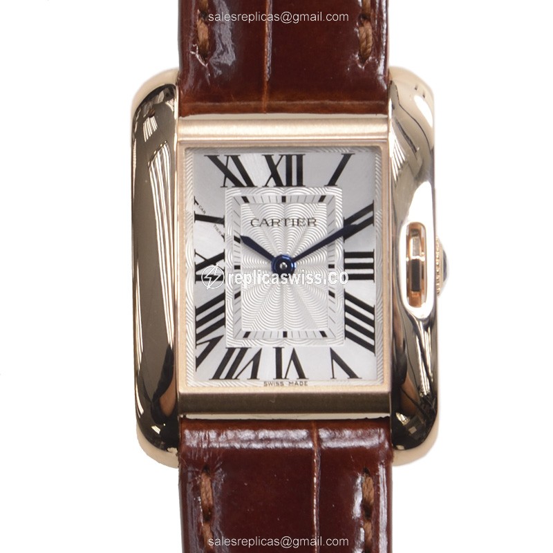 Elegant Cartier TANK Replica in 18kt Rose Gold, Silver Dial & Alligator Brown Strap, Quartz