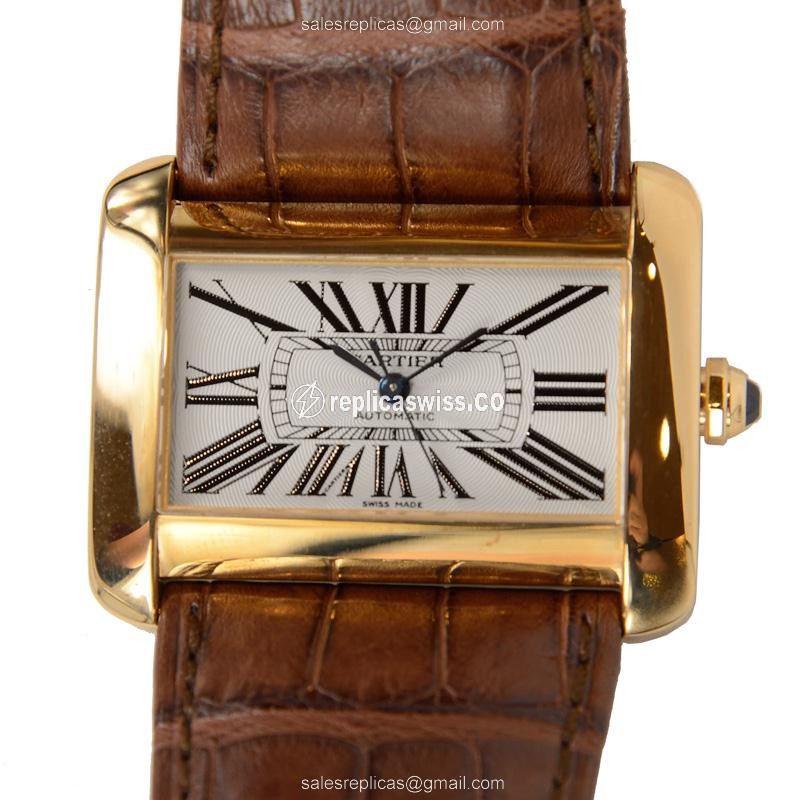 Elegant Cartier Tank W6300856 Replica in 18kt Yellow Gold with White Dial Alligator Brown Strap