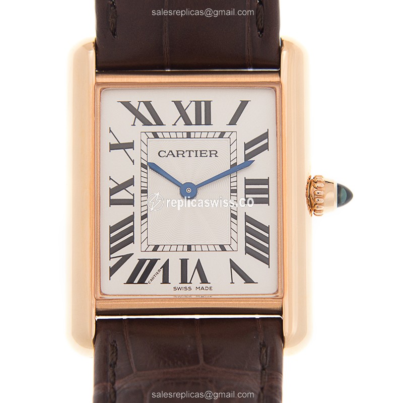 Elegant Cartier Tank WGTA0011 Replica, Manual Wind, 18kt White Gold Case, Brown Alligator Strap