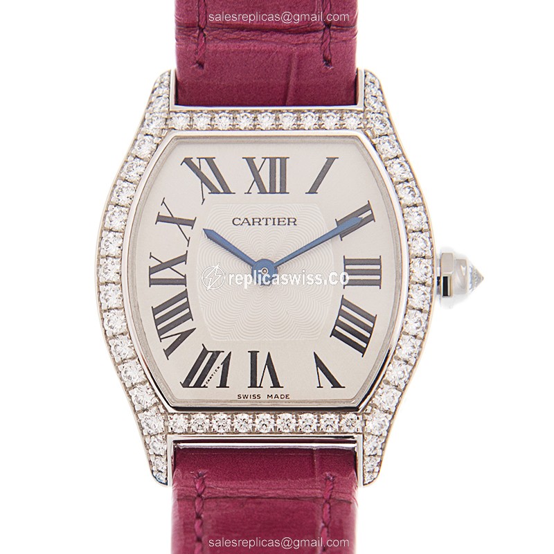 Elegant Cartier Tortue Manual Wind Replica in 18kt Gold with Silver Dial & Red Alligator Strap Watch