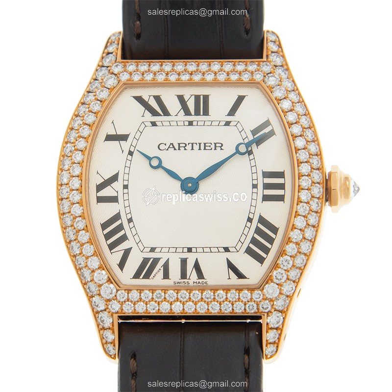 Elegant Cartier Tortue Manual Wind Replica in 18kt Rose Gold, White Dial, Alligator Strap Watch