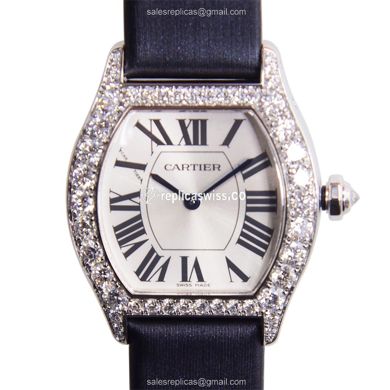 Elegant Cartier Tortue Manual Wind Replica in 18kt White Gold & Diamond, White Dial & Satin Black