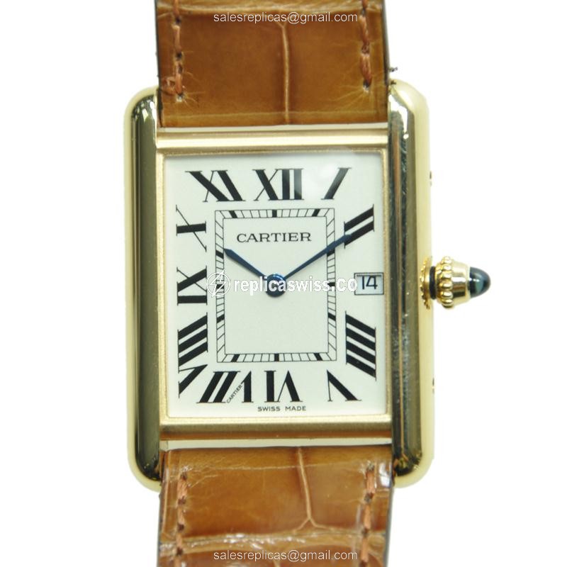 Elegant Cartier W1529756 TANK Replica in 18kt Gold, White Dial & Alligator Brown Strap Watch