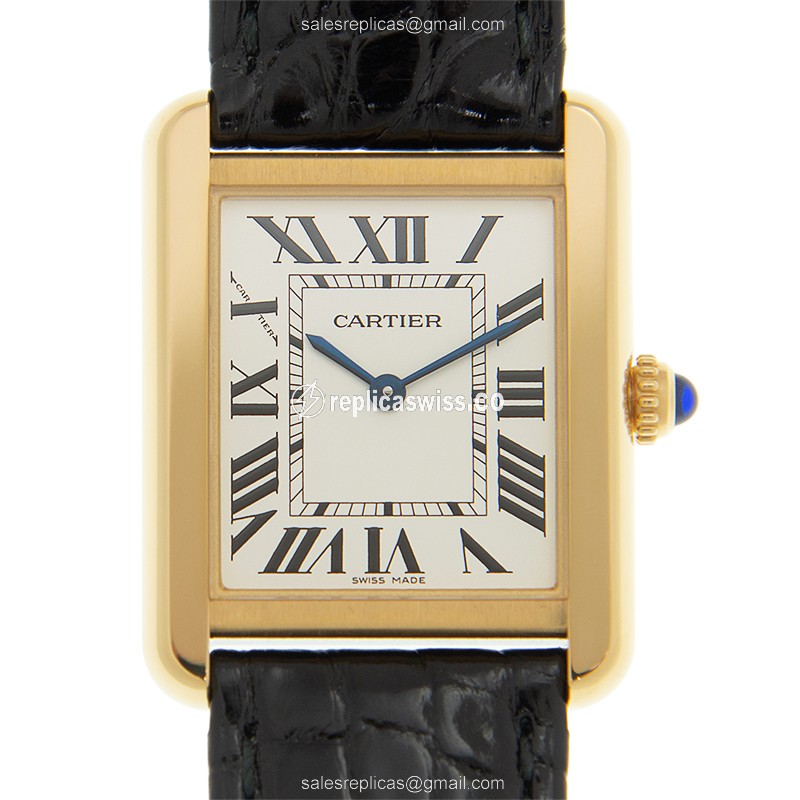 Elegant Cartier W5200002 Tank Replica in 18kt Yellow Gold, White Dial, Alligator strap Watch