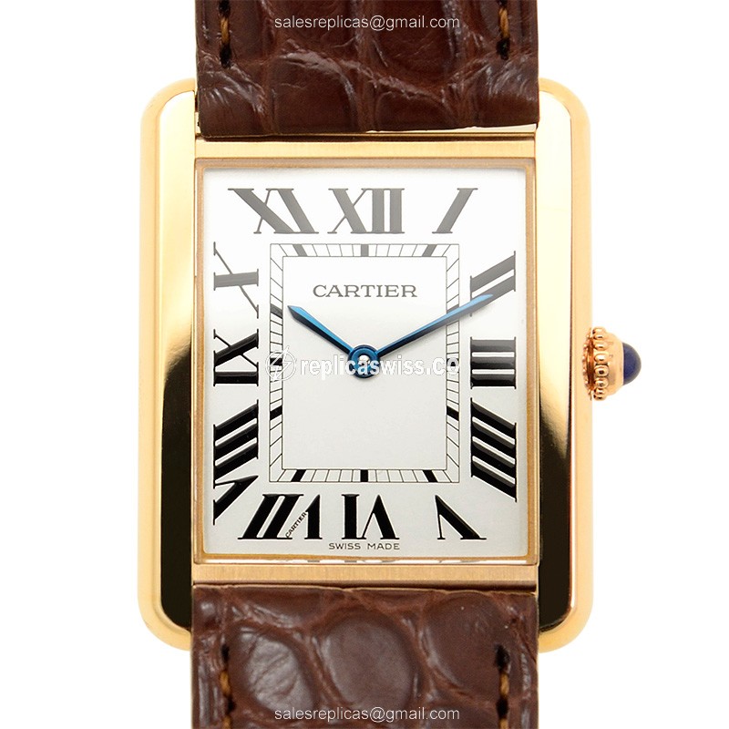 Elegant Cartier W5200025 Tank Replica in White Dial & 18kt Rose Gold Case with Brown Alligator