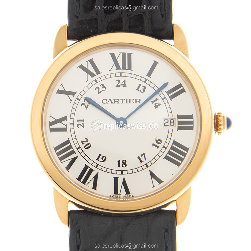 Elegant Cartier W6700455 RONDE SOLO DE CARTIER Quartz Gold Replica with White Dial Black
