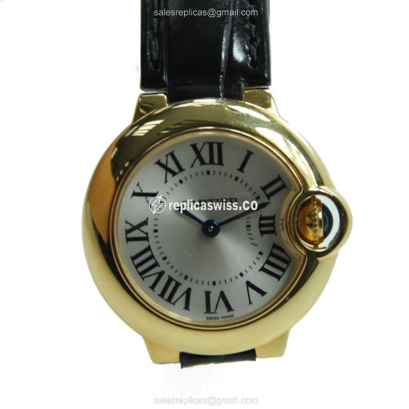 Elegant Cartier W6900156 BALLON BLEU Quartz Replica in 18kt Gold with Silver Dial & Black Alligator