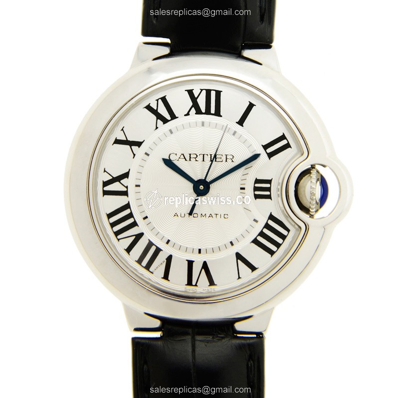 Elegant Cartier W6920085 BALLON BLEU Replica, Automatic Movement, White Dial & Black Alligator