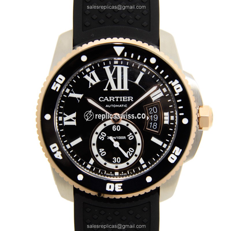 Elegant Cartier W7100055 Calibre De Cartier Automatic Watch in Black Dial & 18kt Rose Gold Case