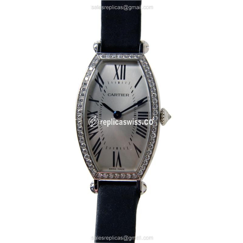 Elegant Cartier WE400131 Tonneau Replica in 18kt White Gold, Manual Wind, Silver Dial & Satin Black