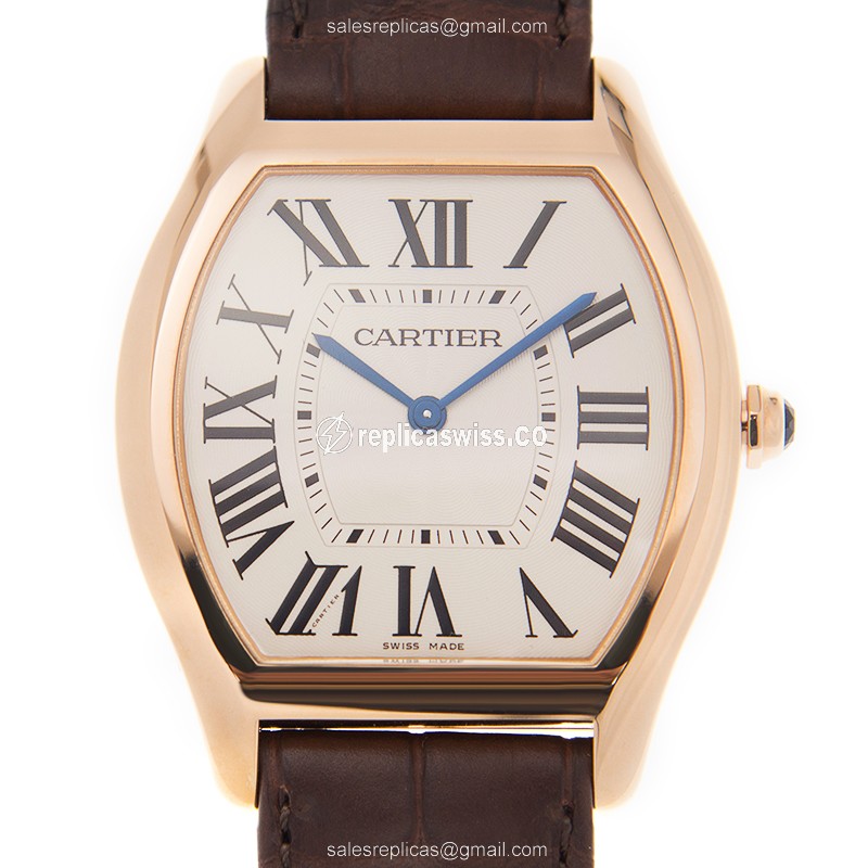 Elegant Cartier WGTO0002 Tortue Replica in 18kt Rose Gold with White Dial & Alligator Strap Watch